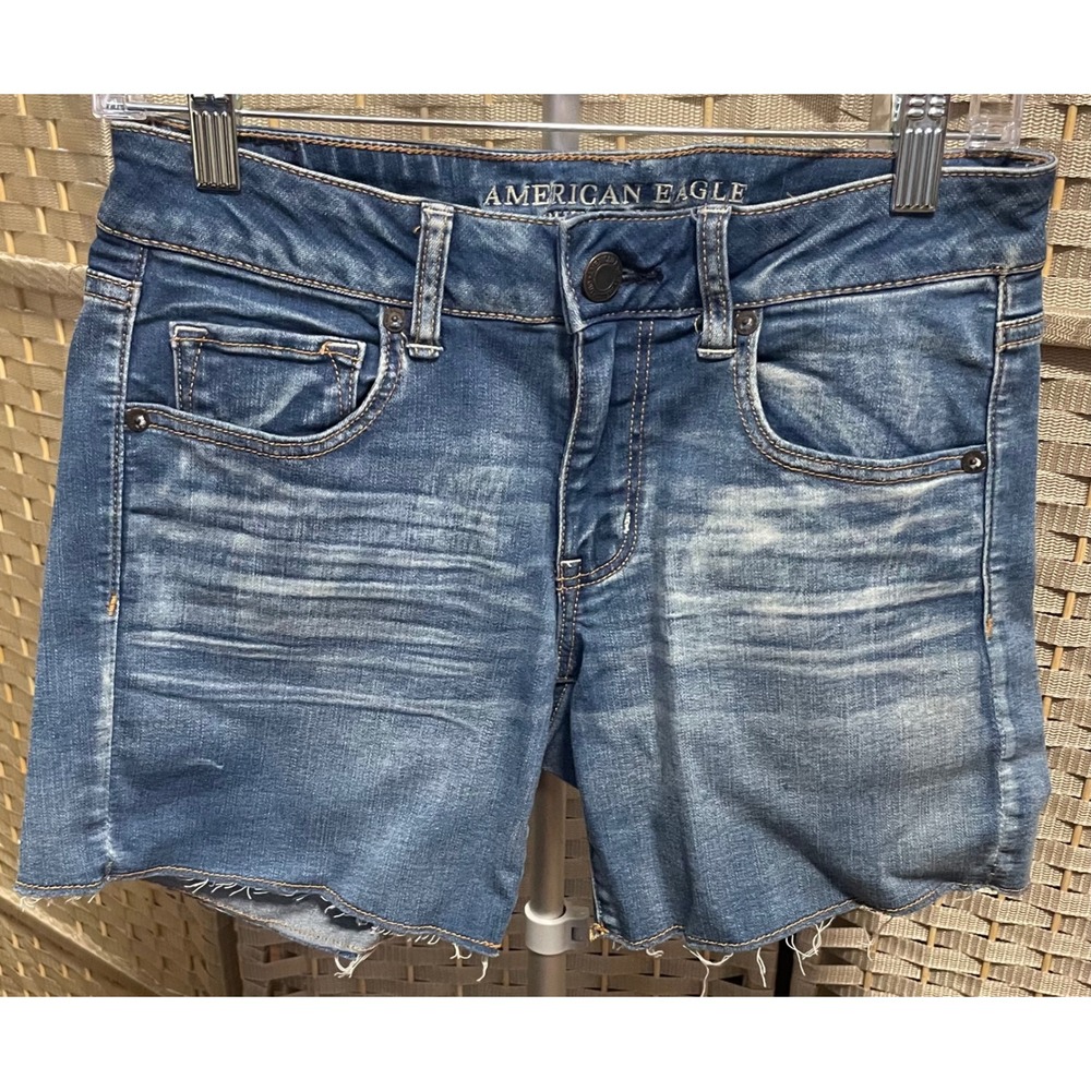 American Eagle Super Super Stretch Denim Shorts Mid Rise Cut-Off Raw Hem Size 0
